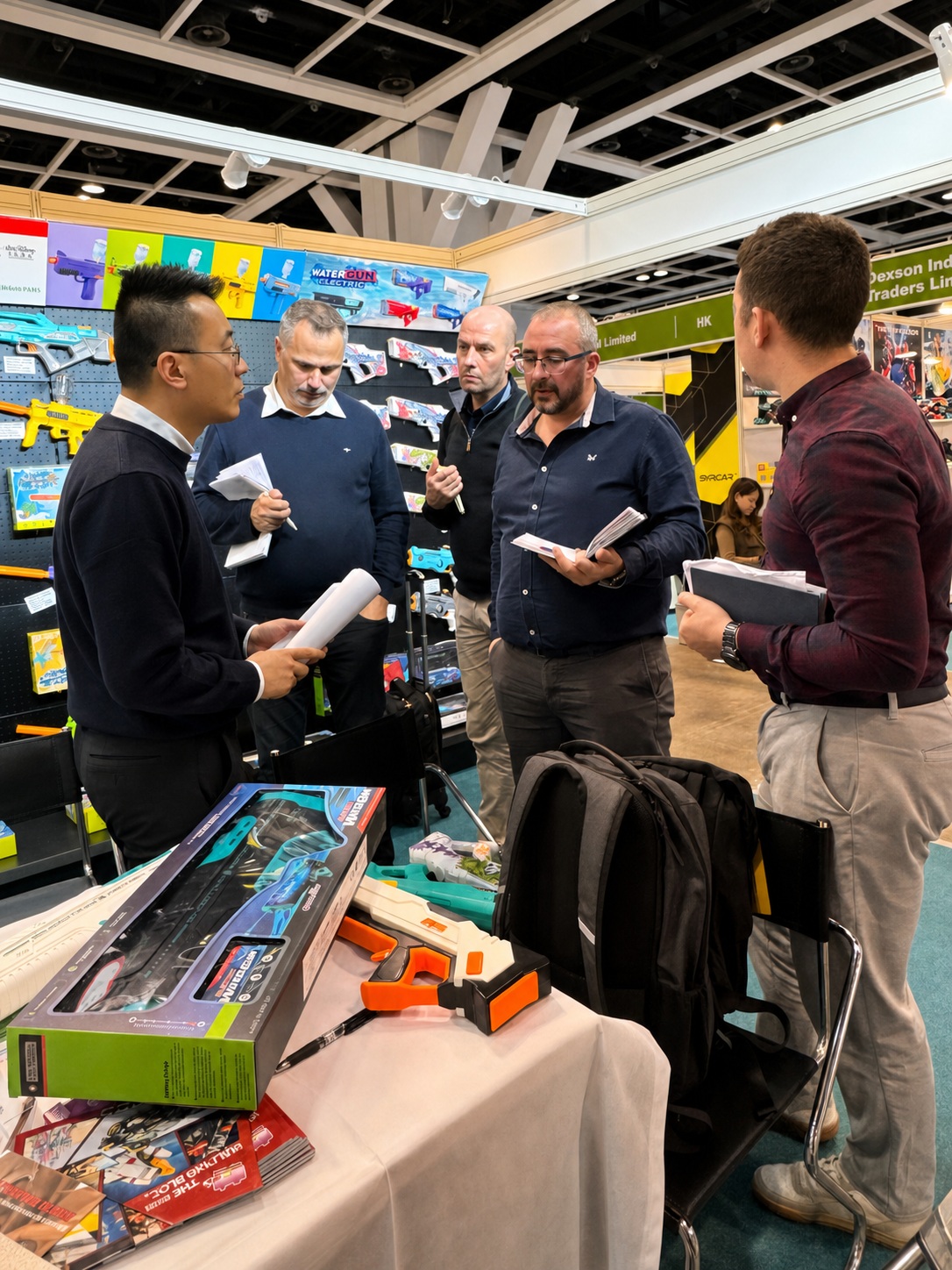 SquishyBulk team discussing fidget toy samples with buyers