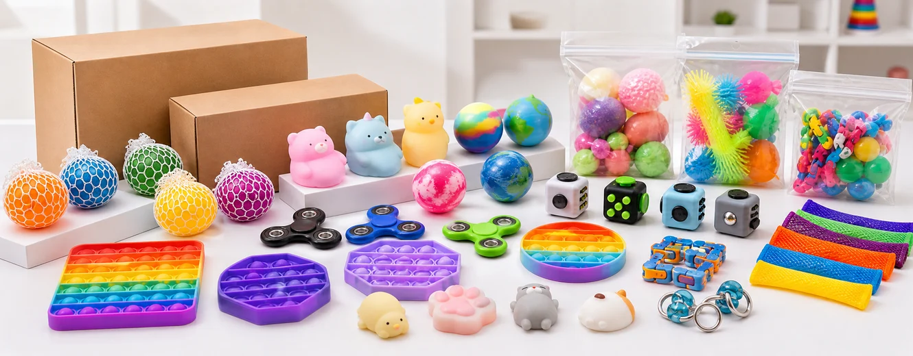 Wholesale sensory and fidget toy samples arranged for review
