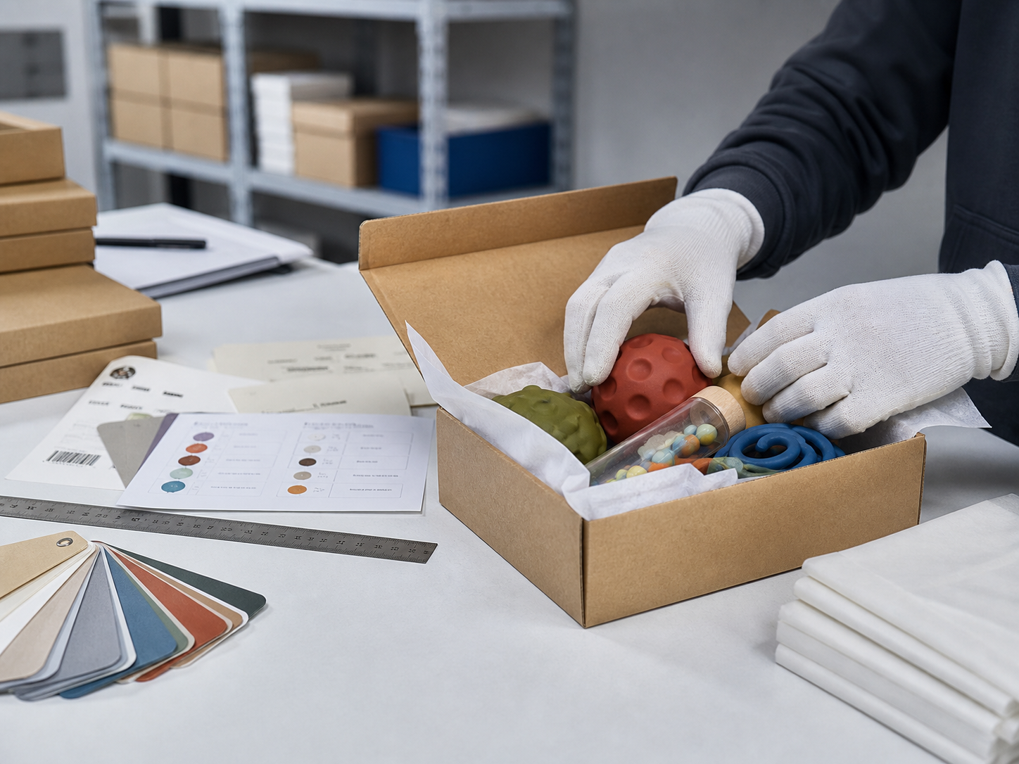 Hands arranging sensory toy samples for a packaging prototype