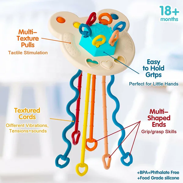 Non Toxic Food Grade Baby Sensory Training Activity Flying Saucer Interactive Toy Teething Ball Silicone Pulling String Toy