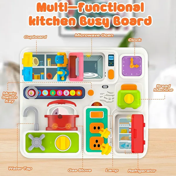 Kitchen Busy Board with Music and Lights Sensory Learning Toys for Baby Toddler Educational Activity Board Travel Toys view 2