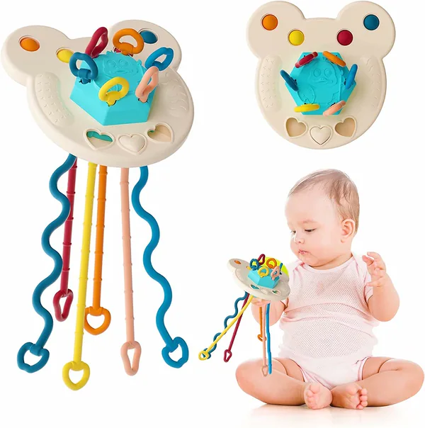 Non Toxic Food Grade Baby Sensory Training Activity Flying Saucer Interactive Toy Teething Ball Silicone Pulling String Toy