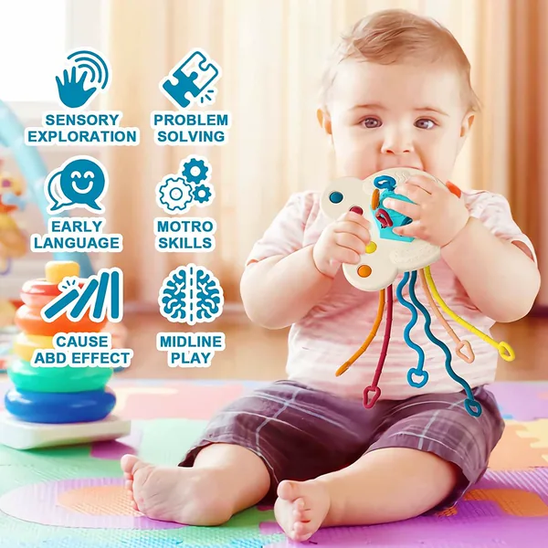 Non Toxic Food Grade Baby Sensory Training Activity Flying Saucer Interactive Toy Teething Ball Silicone Pulling String Toy