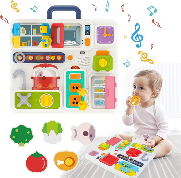 Kitchen Busy Board with Music and Lights Sensory Learning Toys for Baby Toddler Educational Activity Board Travel Toys